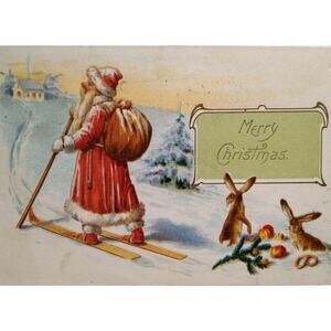 Christmas Postcard Santa Claus On Skis Bunny Rabbits 1907 Saint Nick Skiing